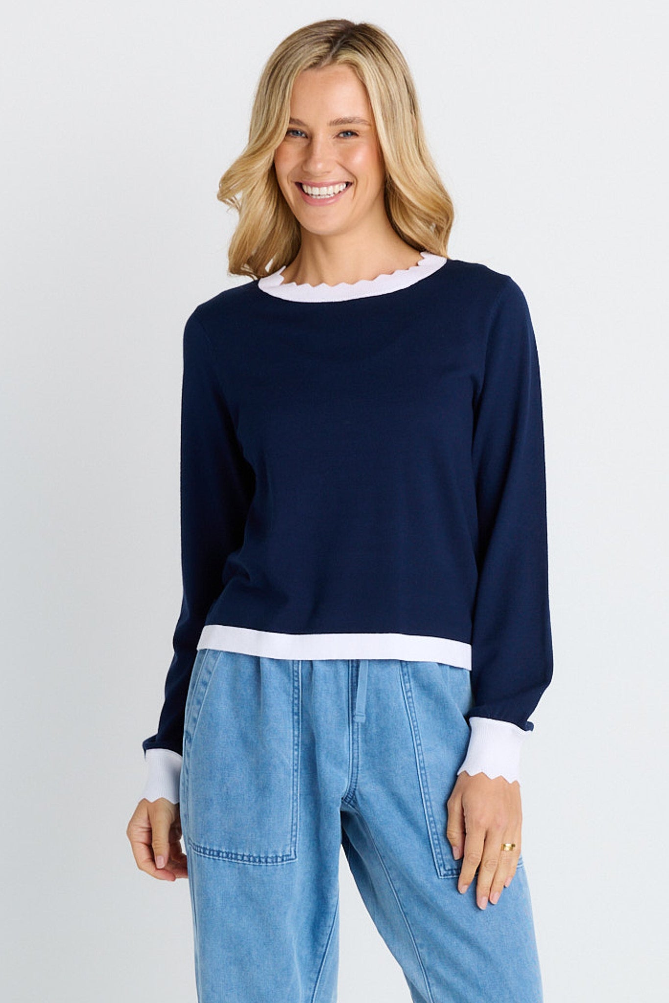 Scallop knit sweater- Navy