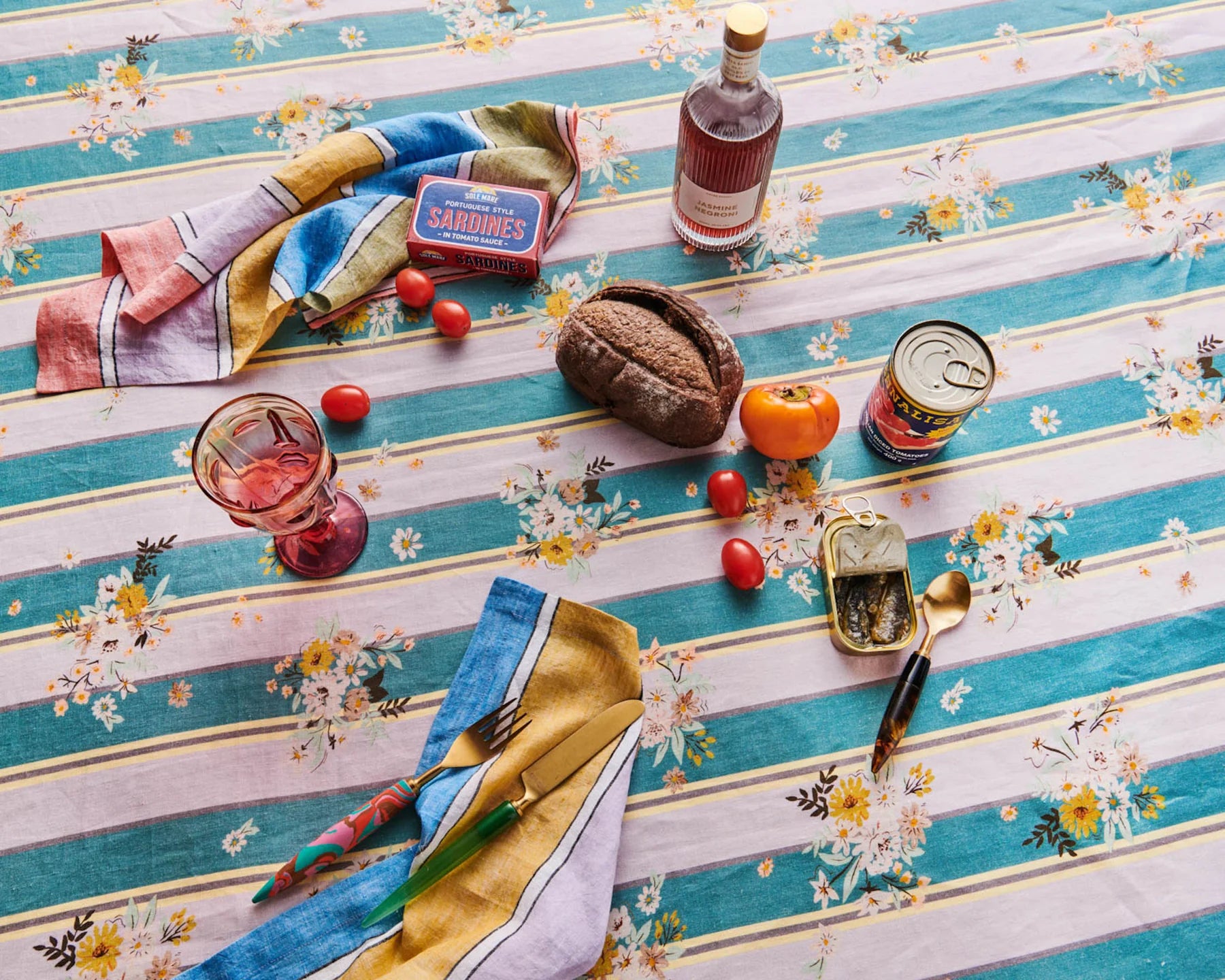 Floral stripe linen table cloth rectangle 145 x 270cm