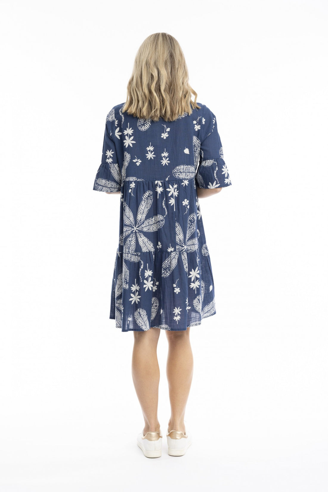 Large floral navy- Maya button v neck dress