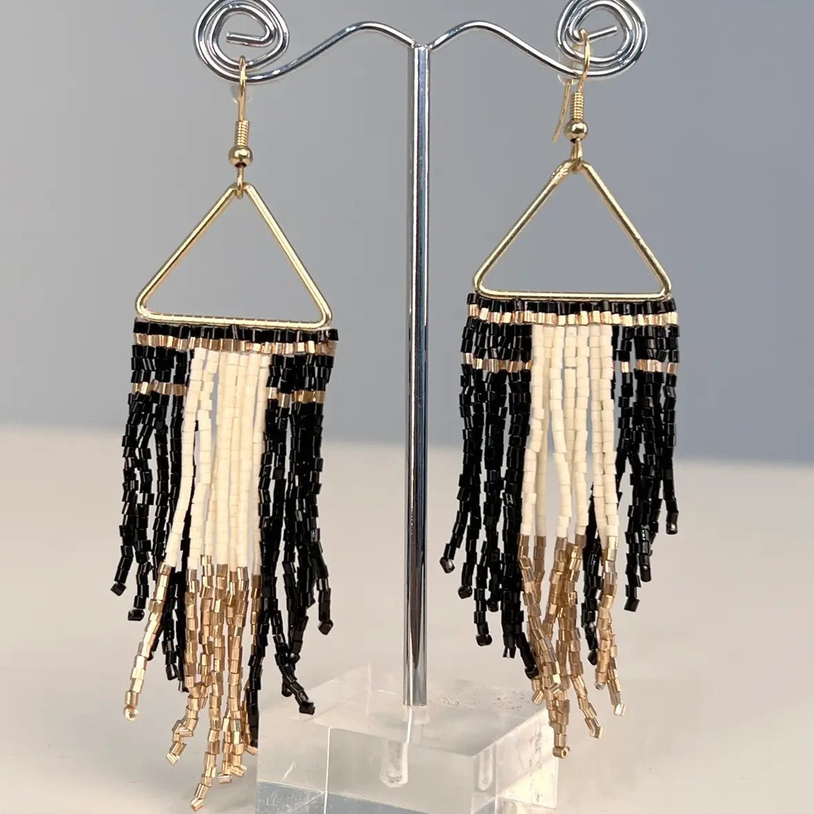 Boho Beaded Fringe Earring Black