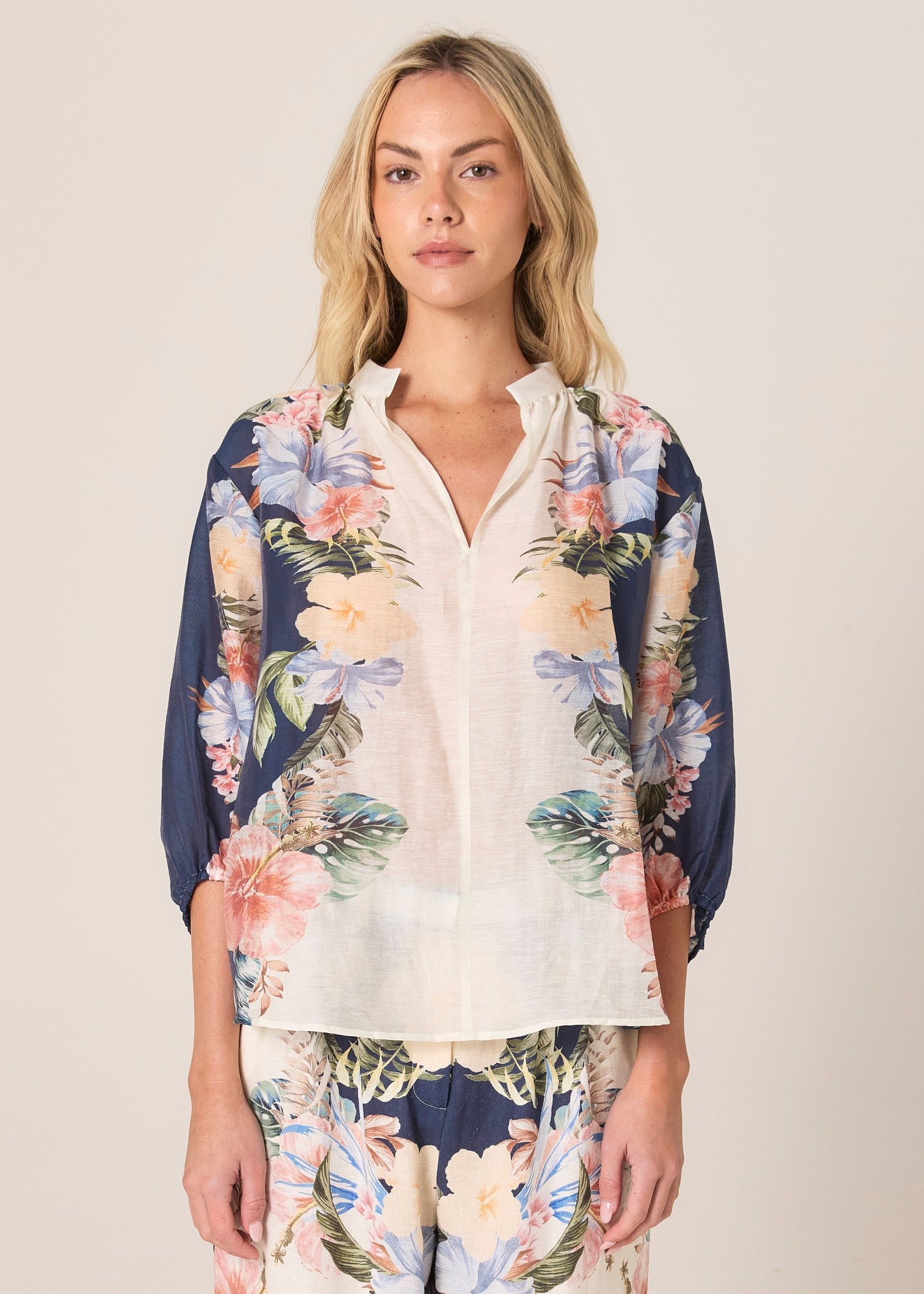 Solara Split Neck Blouse Navy