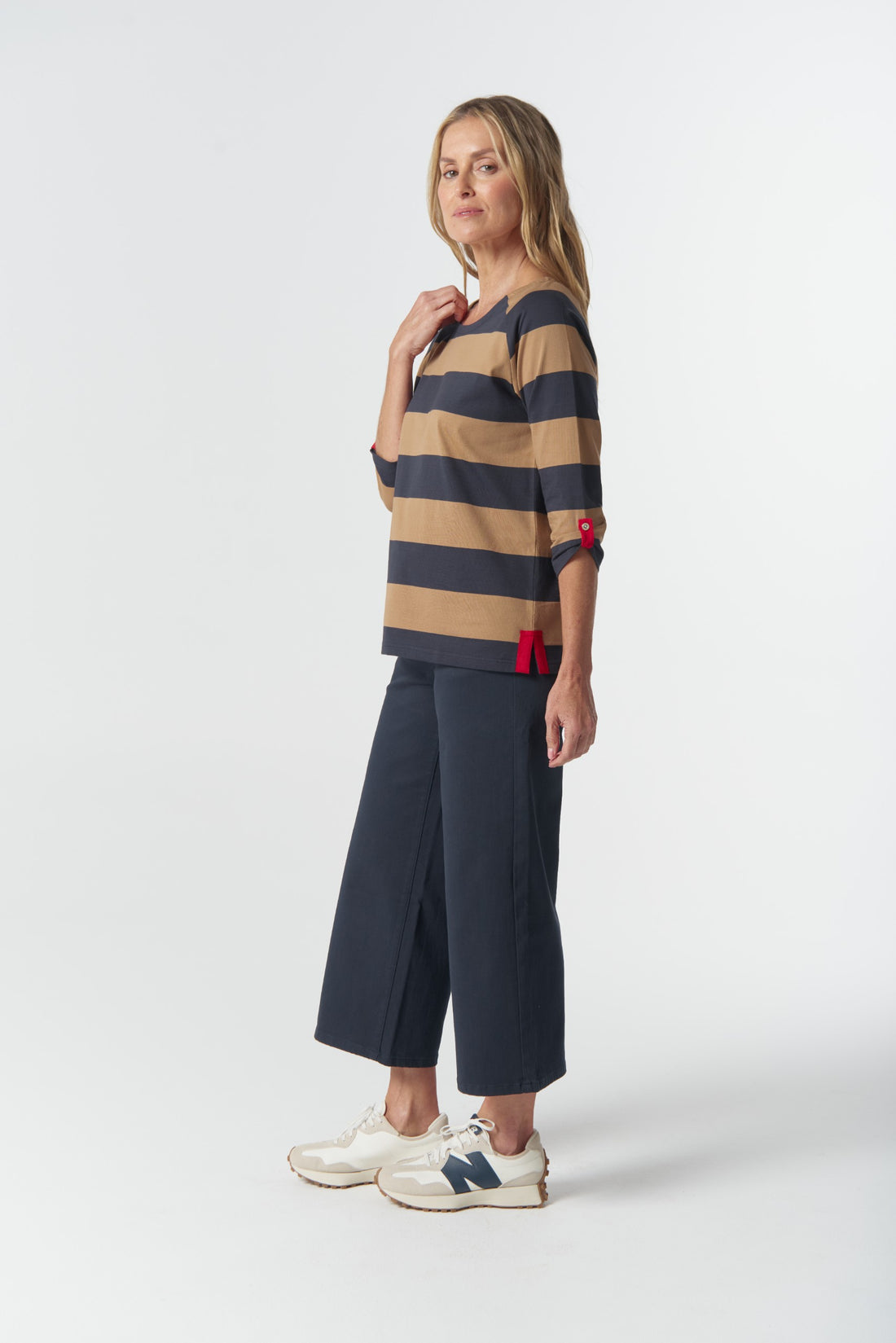 Track 3/4 sleeve cotton jersey top iced coffee/white