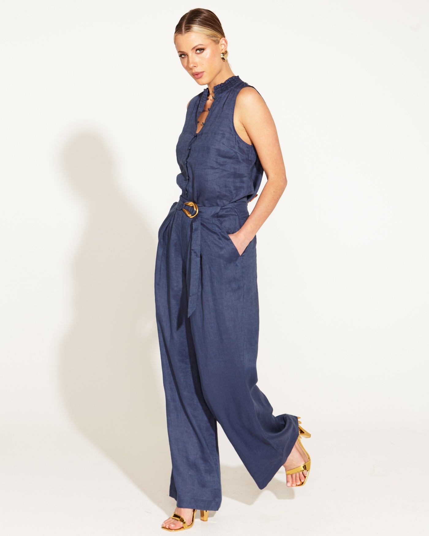 A walk in the park high waisted wide leg pant navy