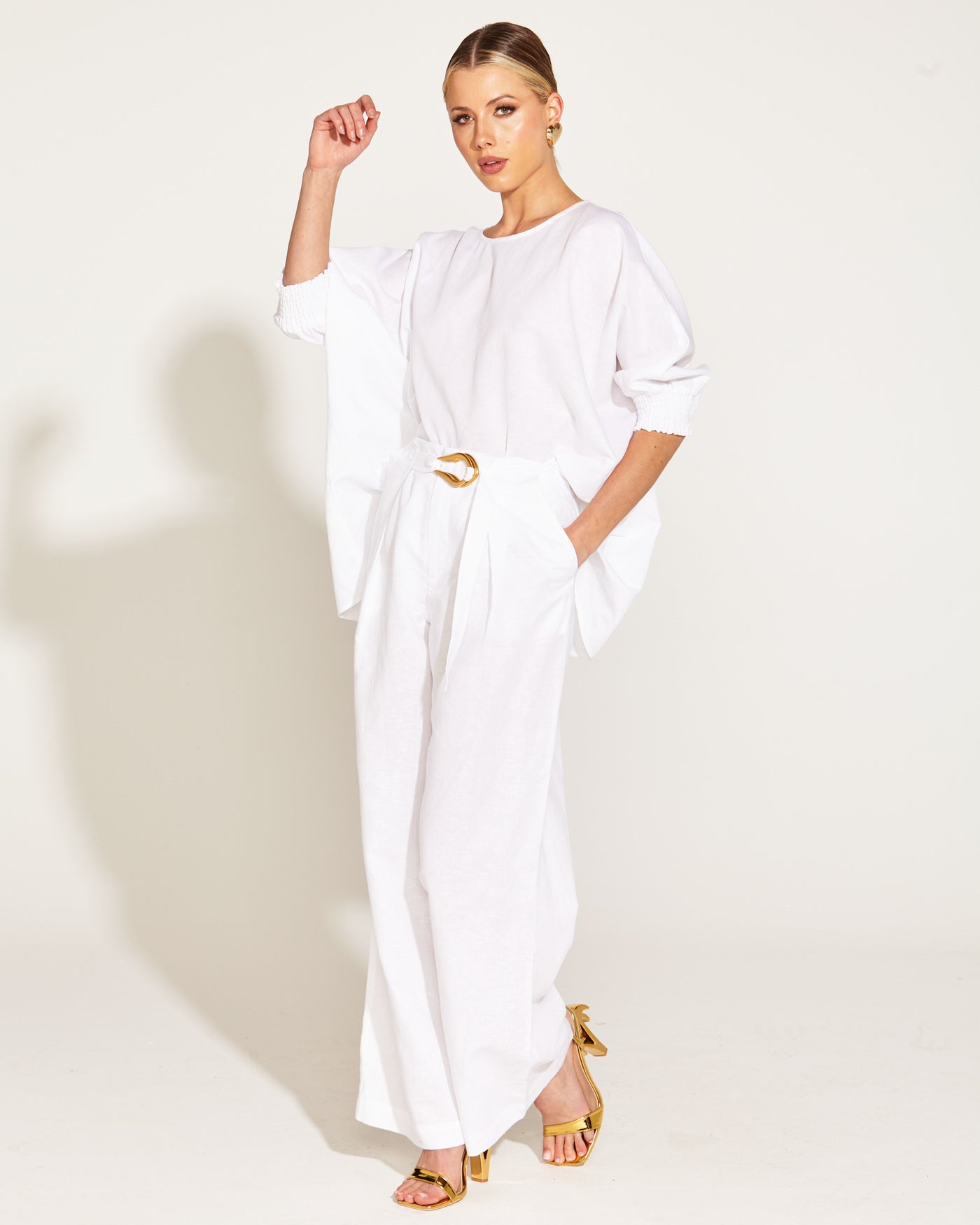 A walk in the park high waisted belted wide leg pants white