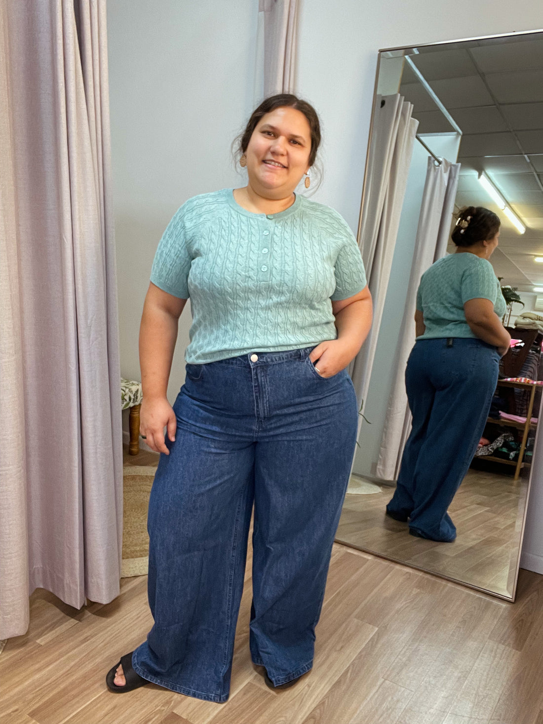 Cable short sleeve top seaglass