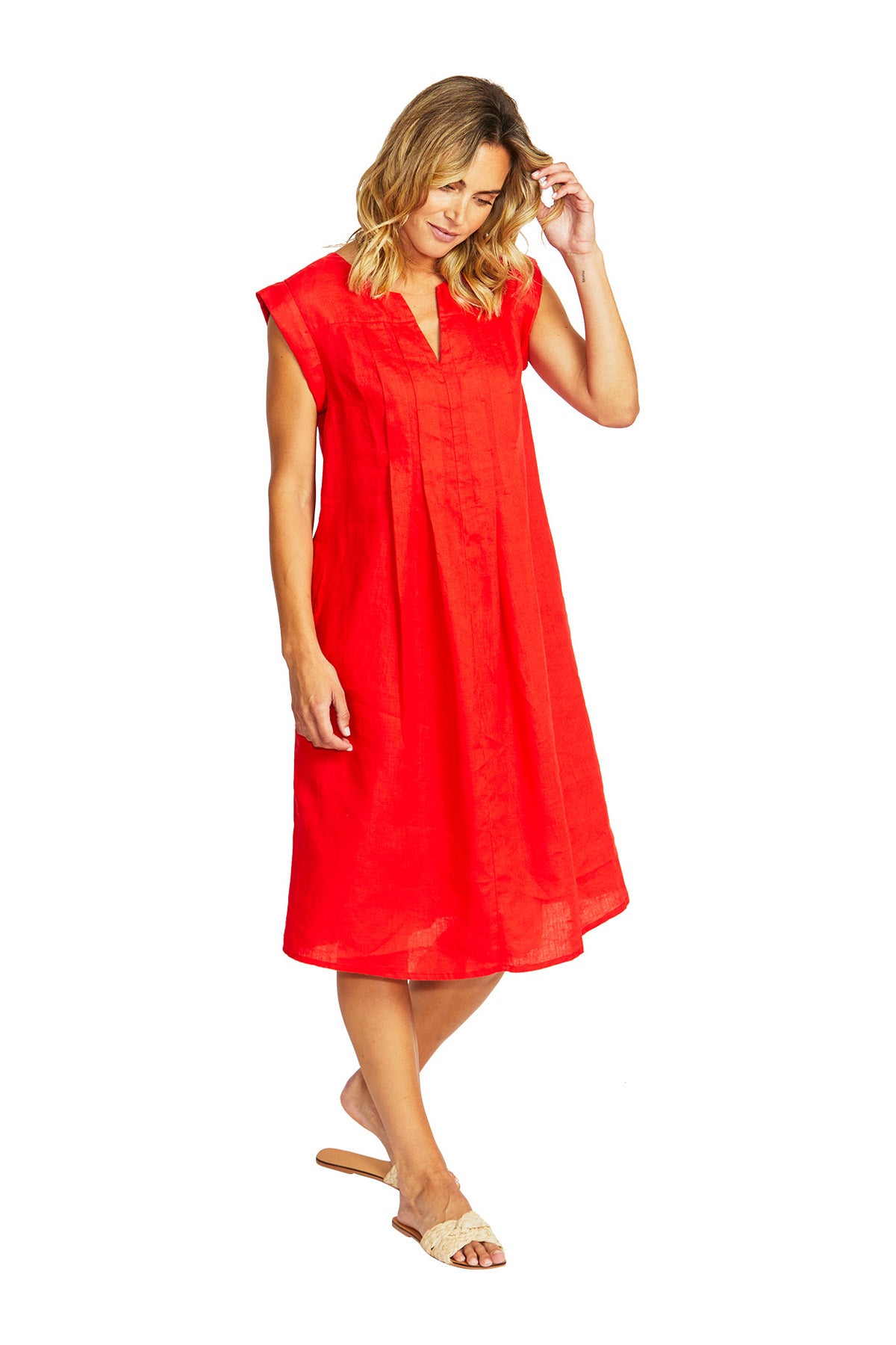 Maria Linen Pintuck Dress Poppy