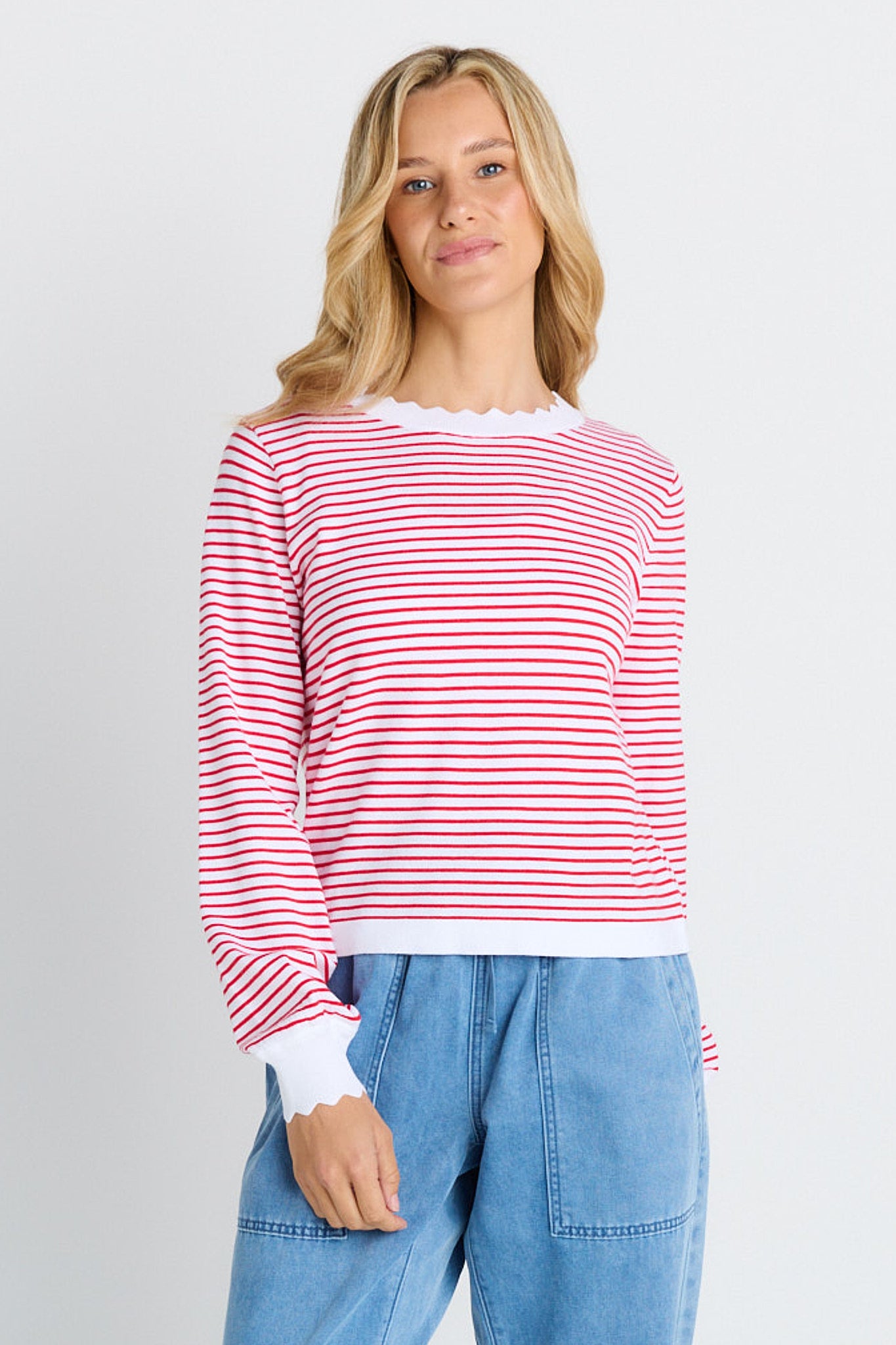 Scallop knit sweater- Red Stripe