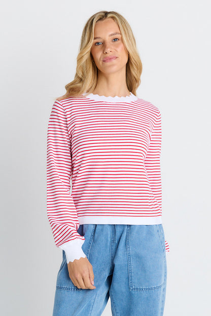 Scallop knit sweater- Red Stripe