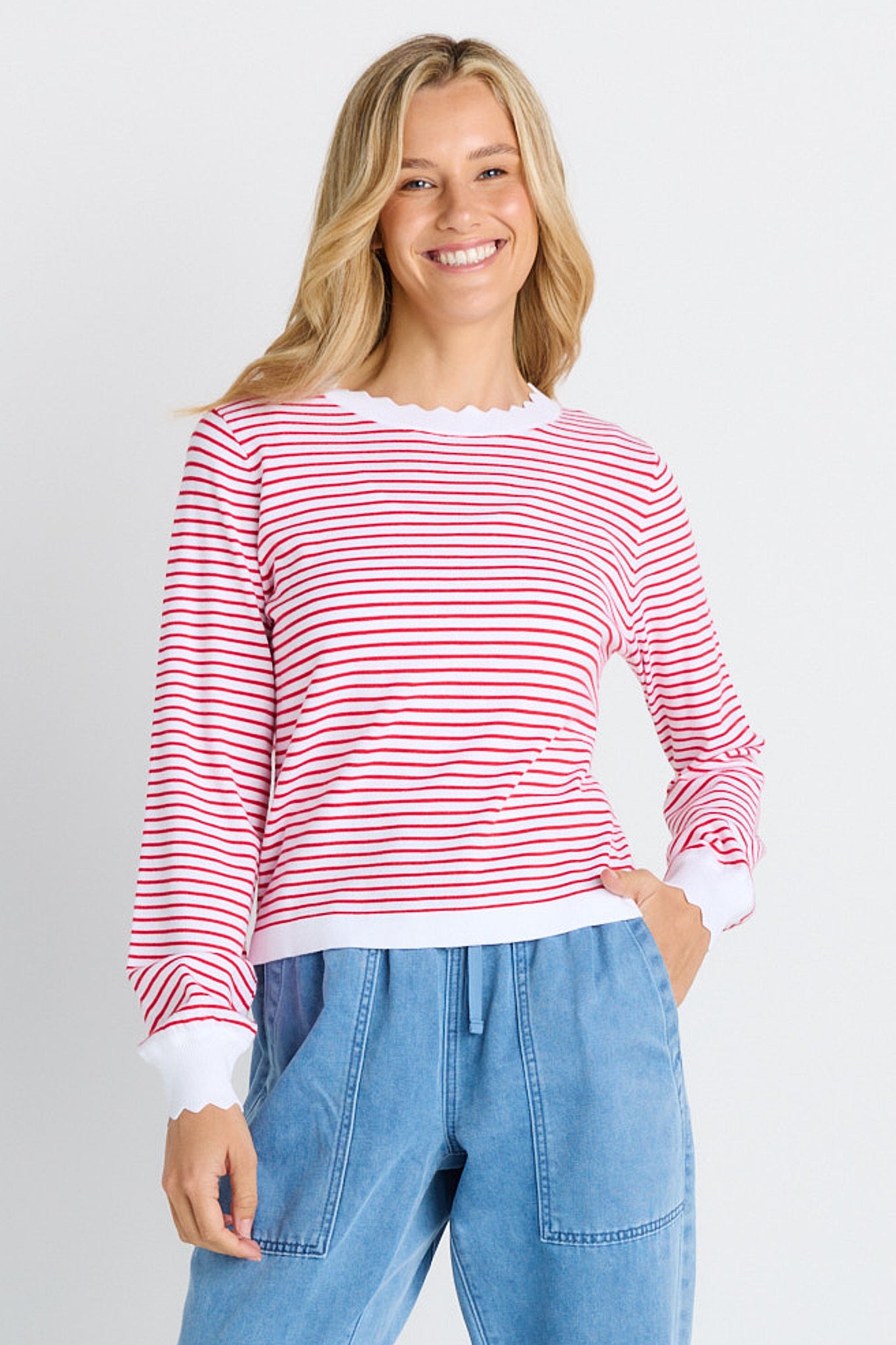 Scallop knit sweater- Red Stripe
