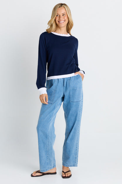 Scallop knit sweater- Navy