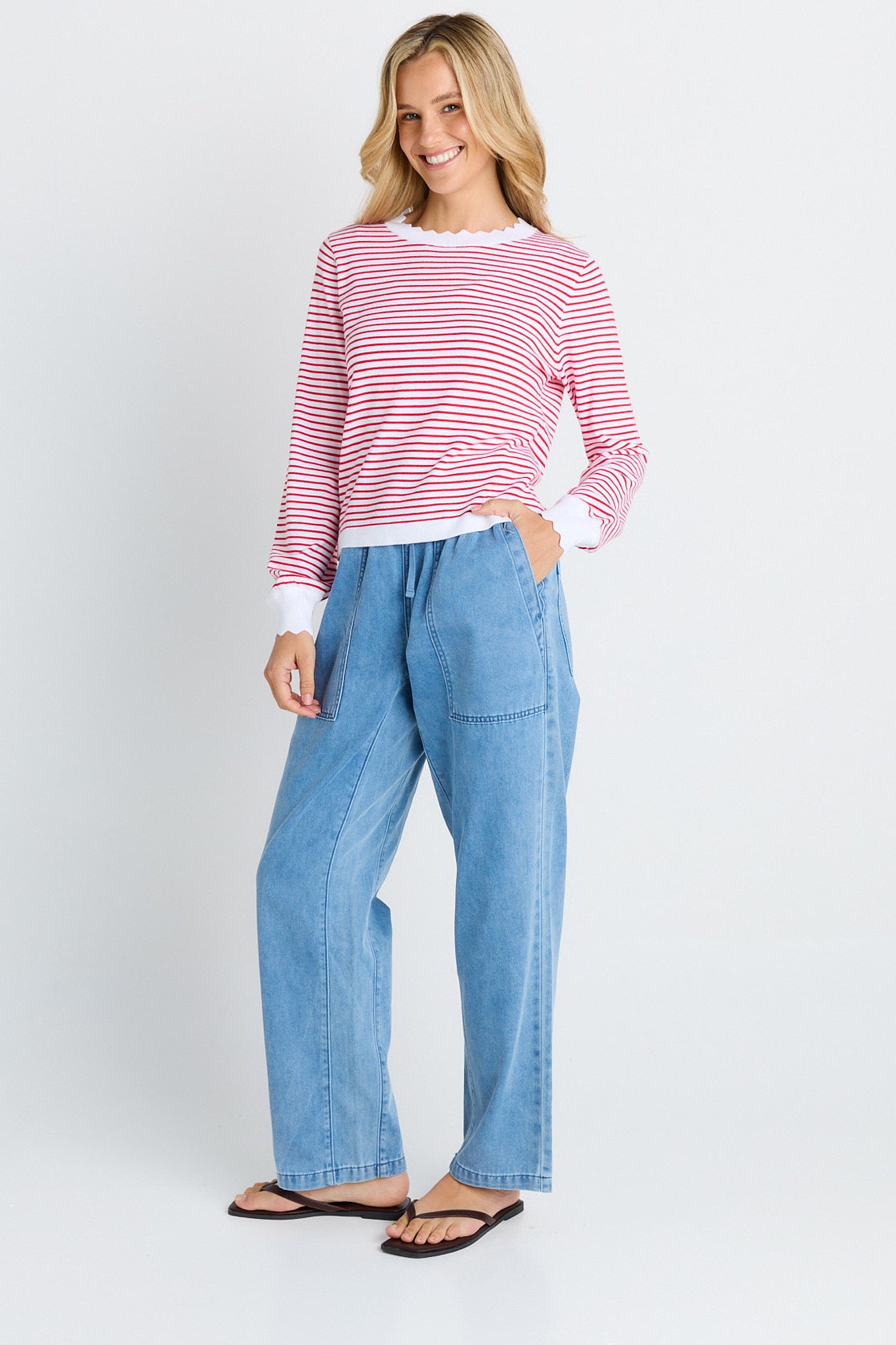 Scallop knit sweater- Red Stripe