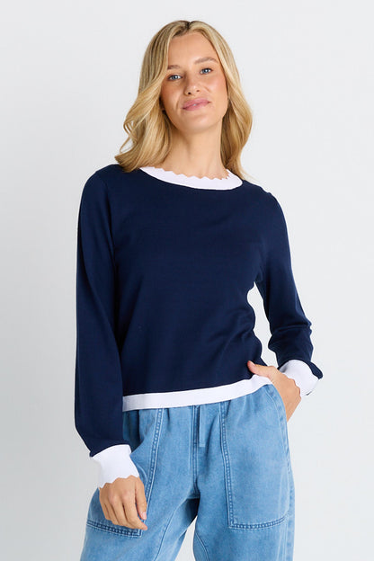 Scallop knit sweater- Navy