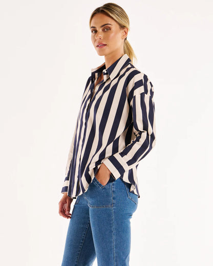 navy blue and cream striped shirt relaxed fit with collar