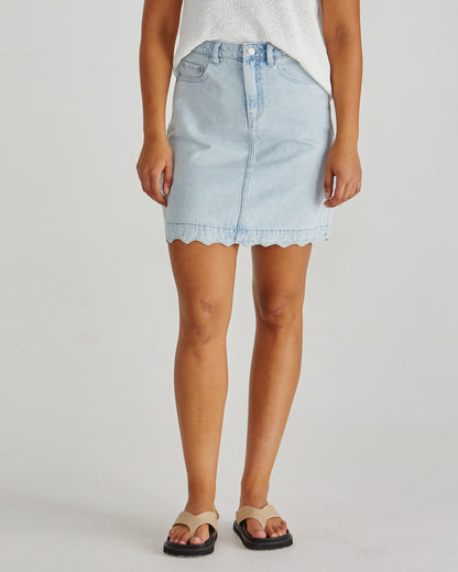 Vale scalloped bleach blue denim skirt