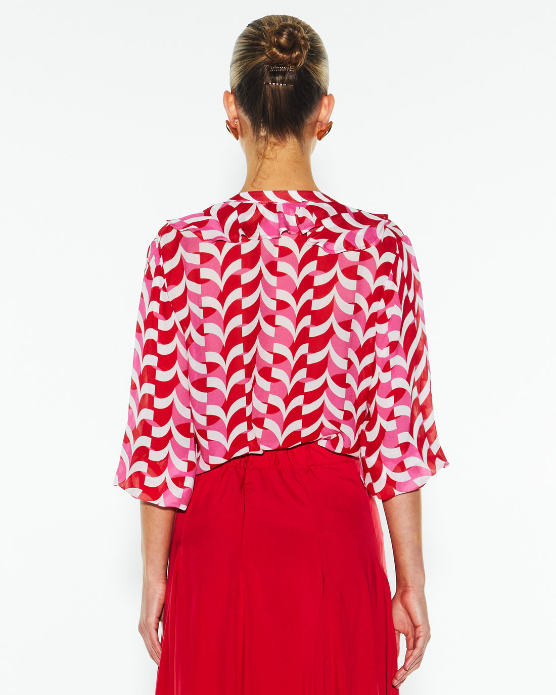 Just Love Frill Blouse - Red Geometric Pattern