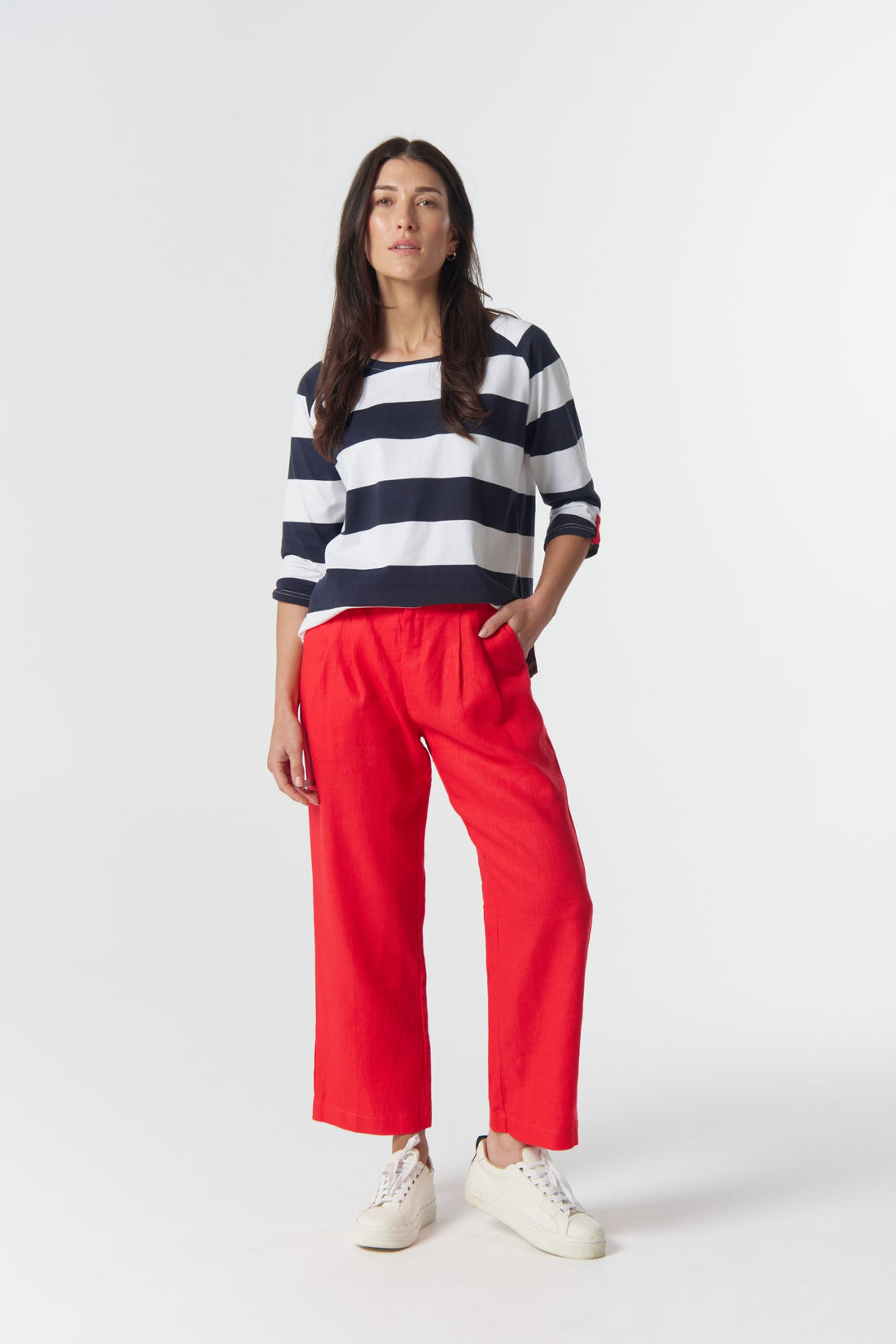 Track 3/4 sleeve cotton jersey top navy/white