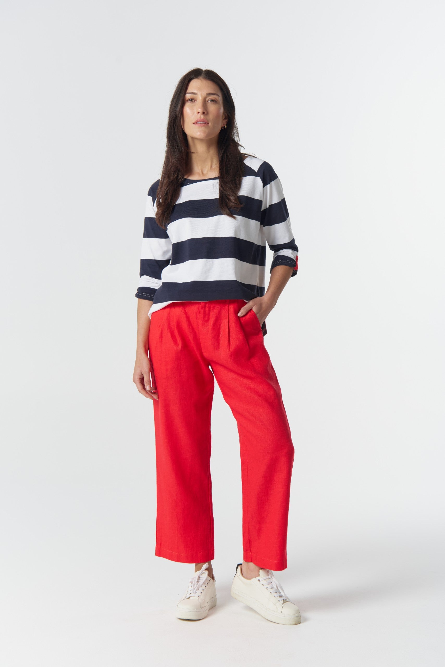 Track 3/4 sleeve cotton jersey top navy/white