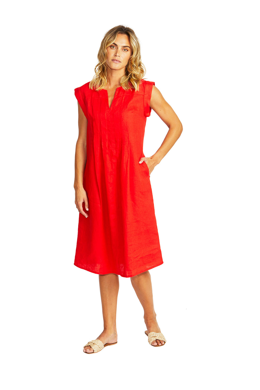 Maria Linen Pintuck Dress Poppy