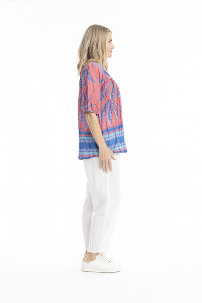 Flora border coral - Tessa v Neck