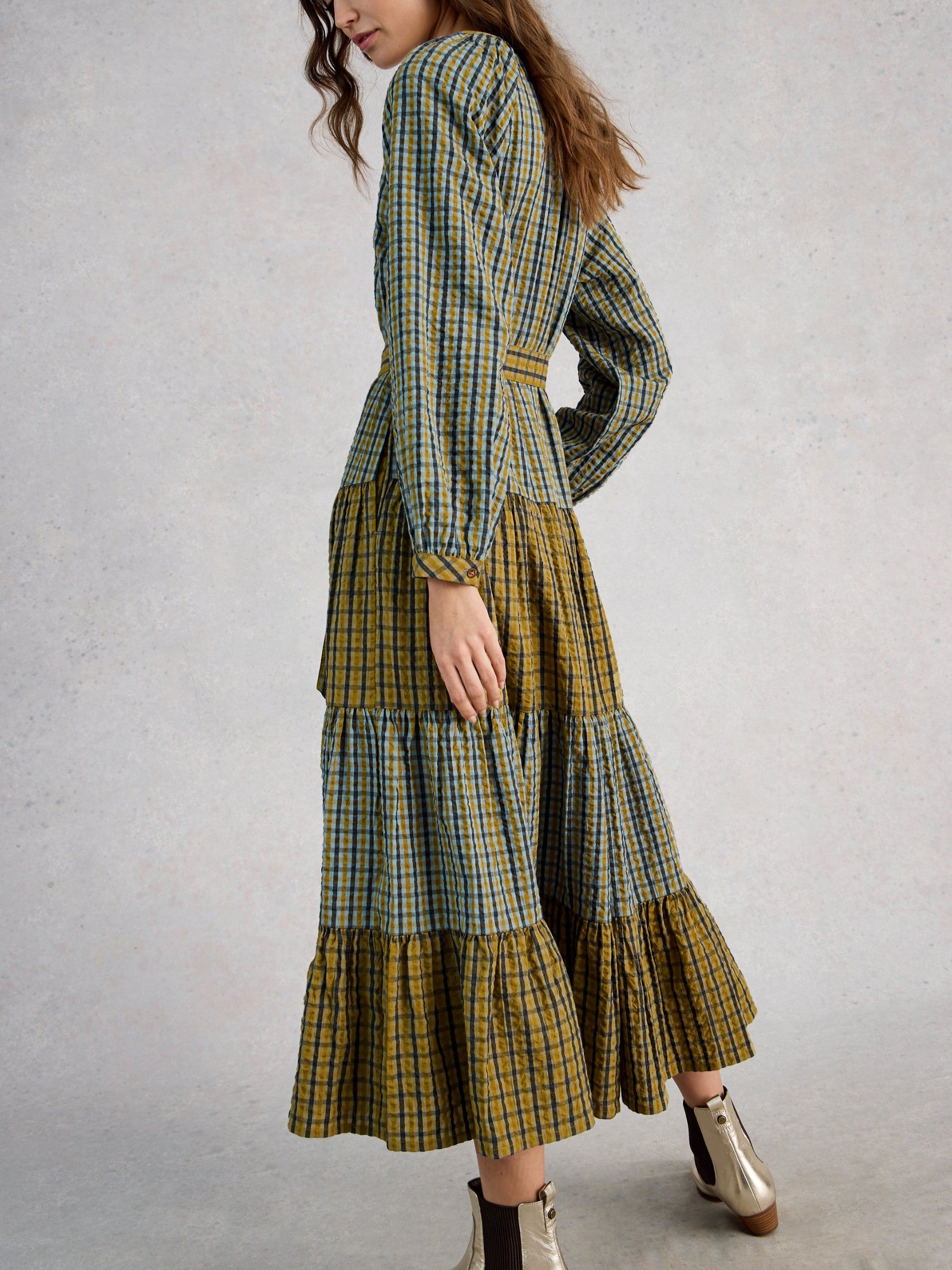 Clementine Check Midi Dress - green multi