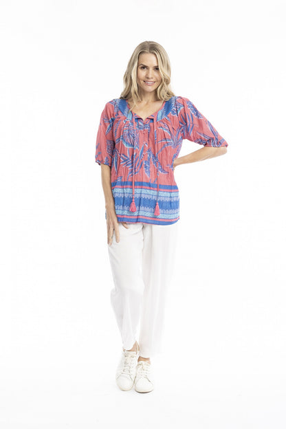 Flora border coral - Tessa v Neck
