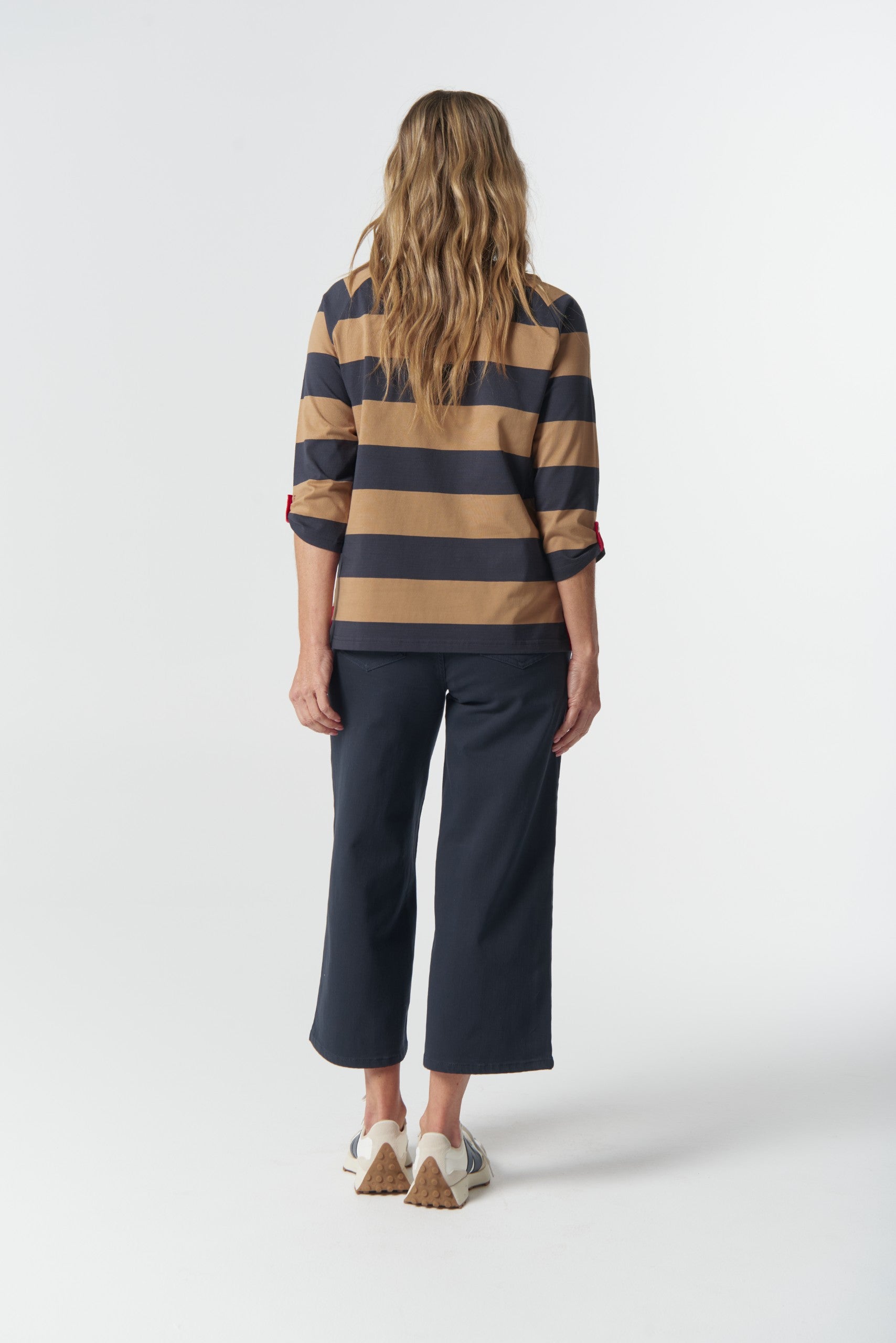 Track 3/4 sleeve cotton jersey top iced coffee/white