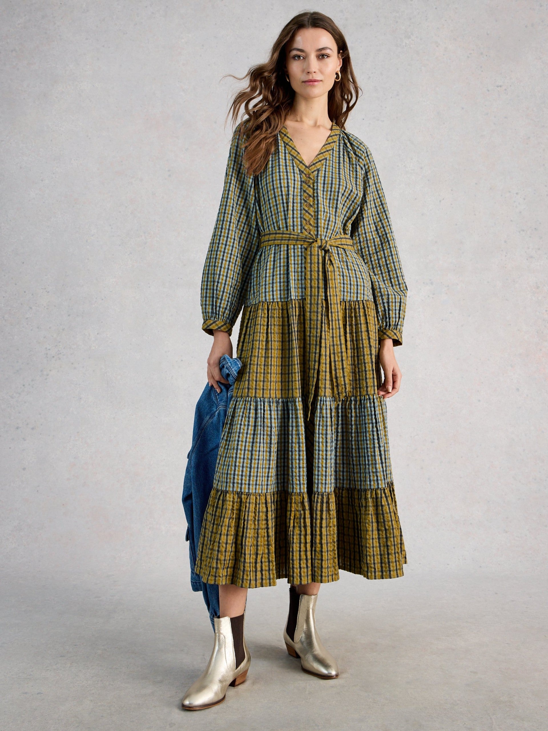 Clementine Check Midi Dress - green multi