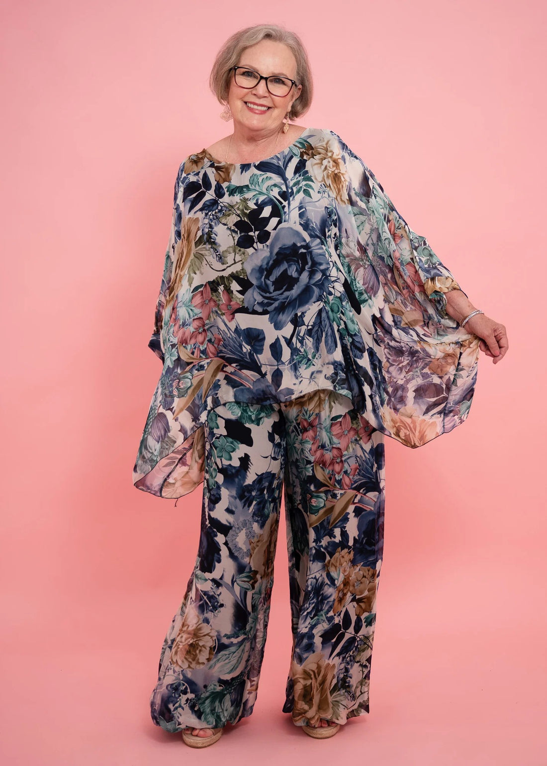 Diana Floral Silk Top - navy