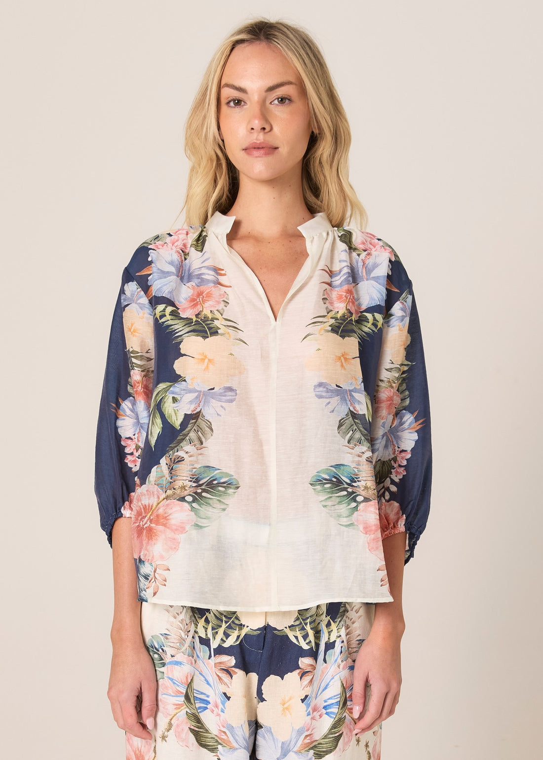 Solara Split Neck Blouse Navy