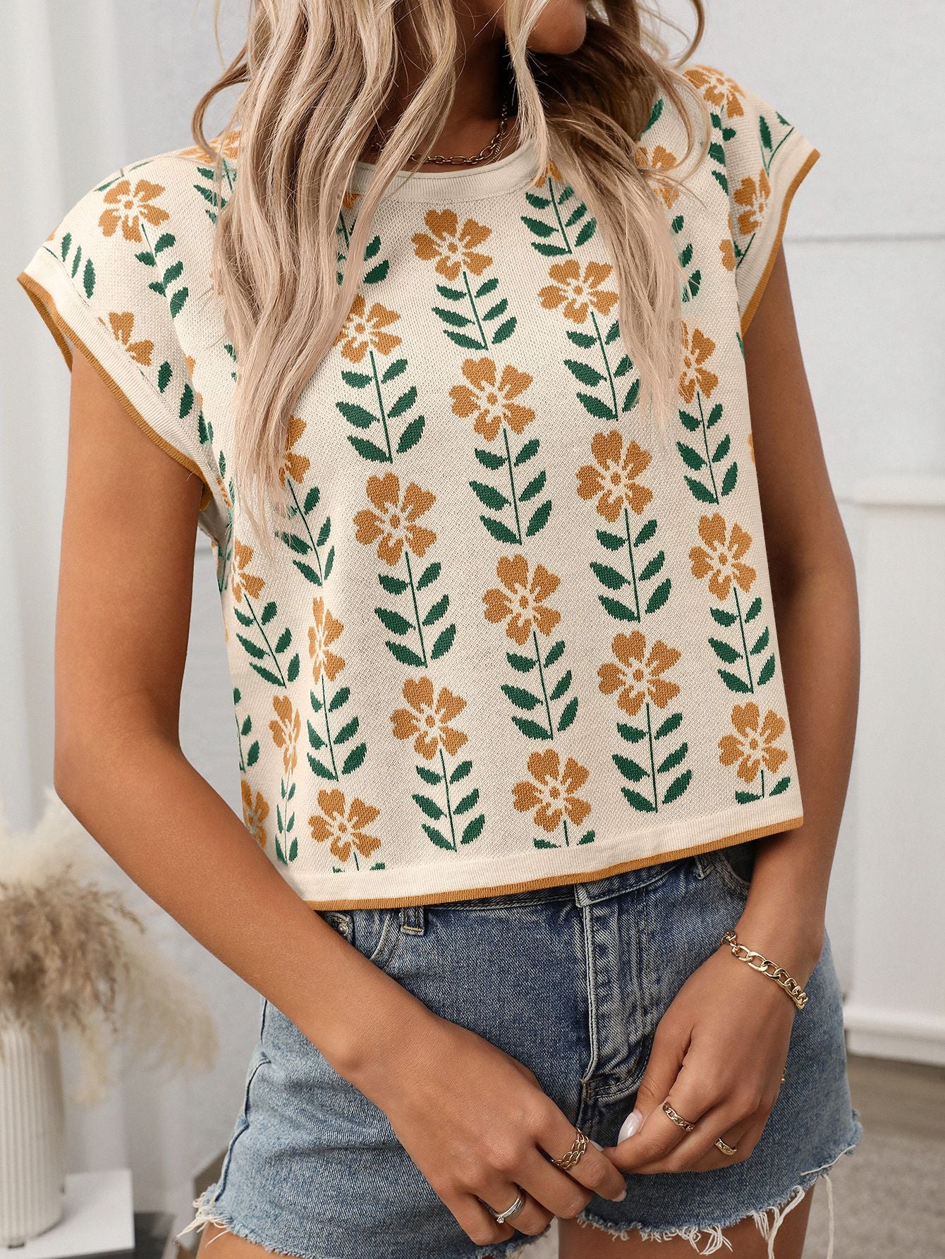 Rebecca knit floral blouse oat