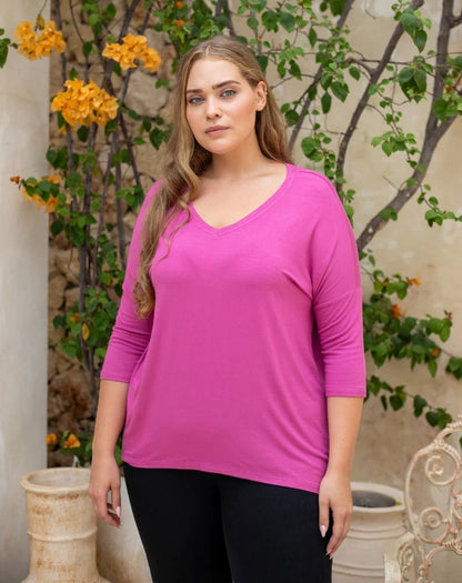 v-neck top in right pink long t-shirt ideal for plus size fitting