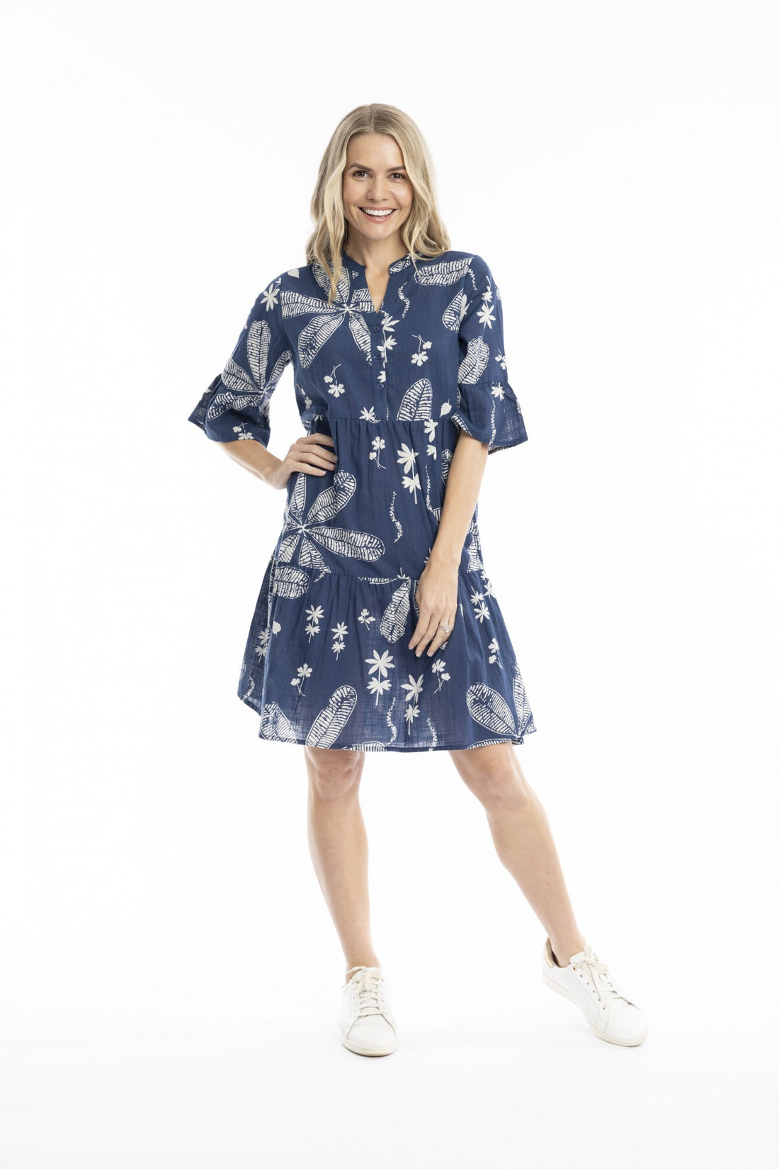 Large floral navy- Maya button v neck dress