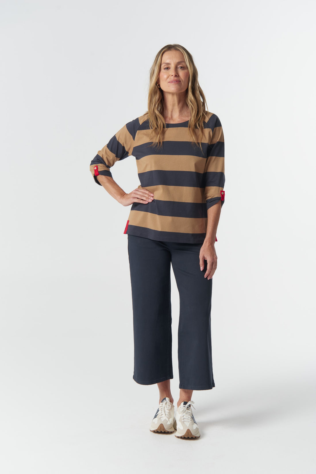 Track 3/4 sleeve cotton jersey top iced coffee/white