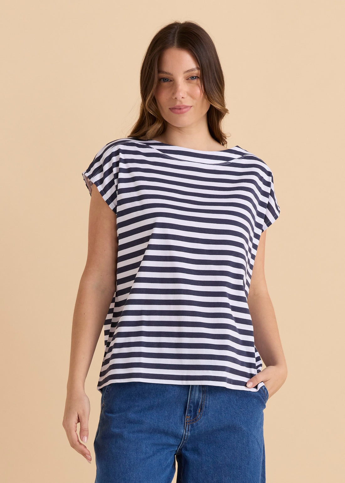 Beth Boat Neck Tee Navy Stripe