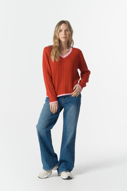 Glow V neck knit scarlet