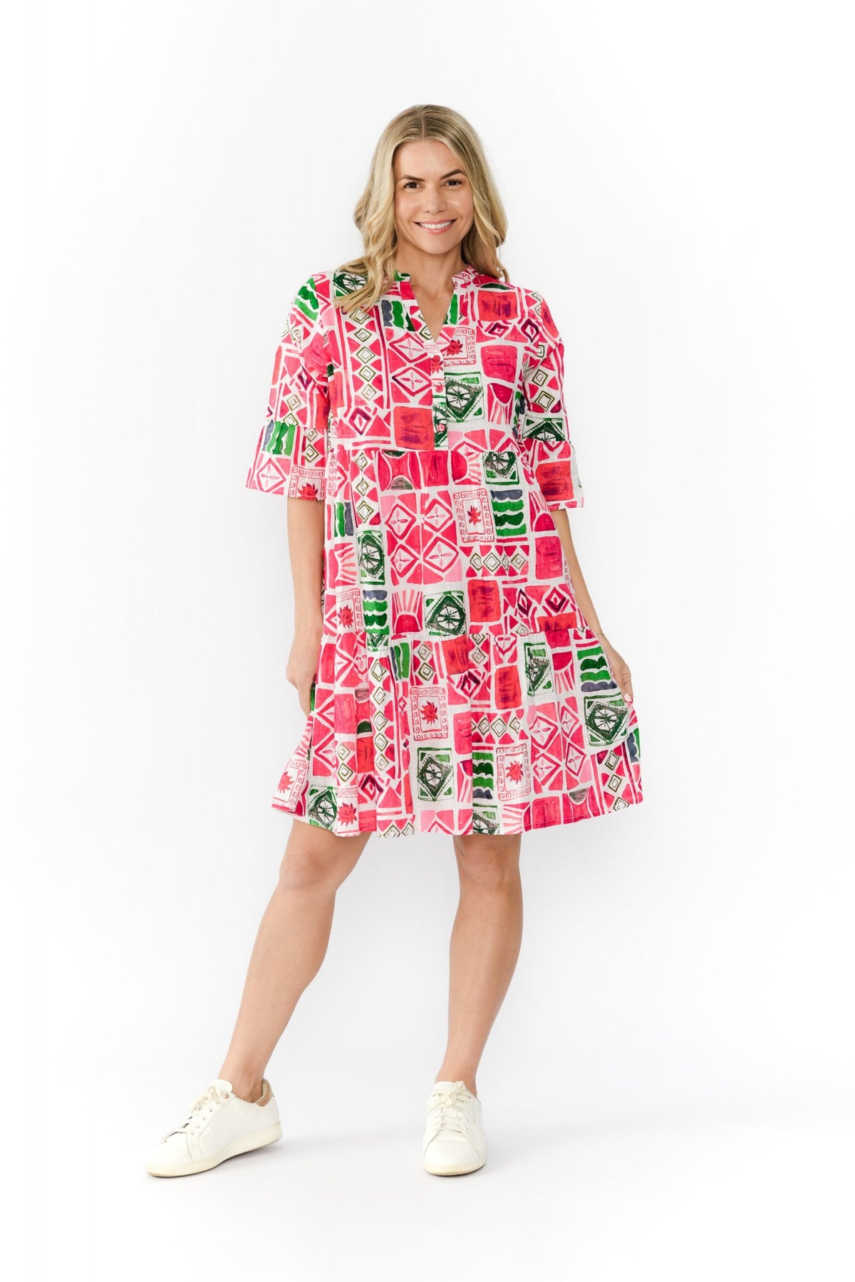 Maya button v neck dress - water block 3