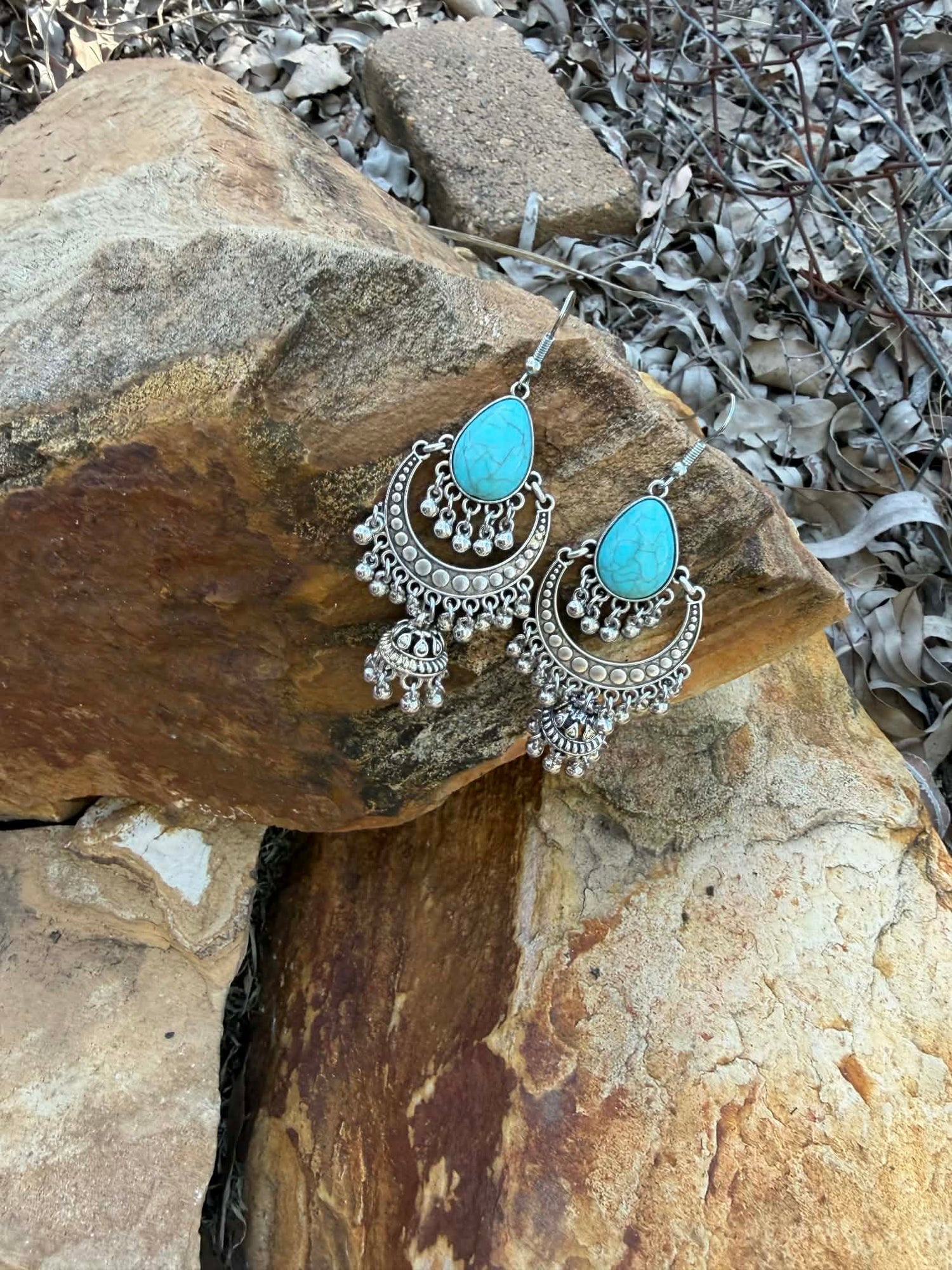 Turquoise Moon Earrings Tassel drop Dangle