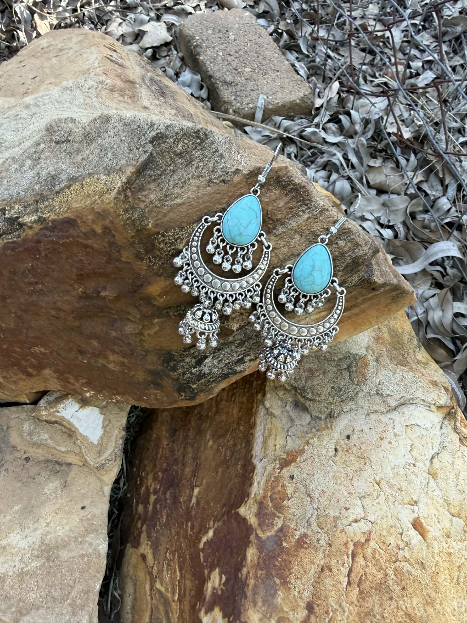Turquoise Moon Earrings Tassel drop Dangle